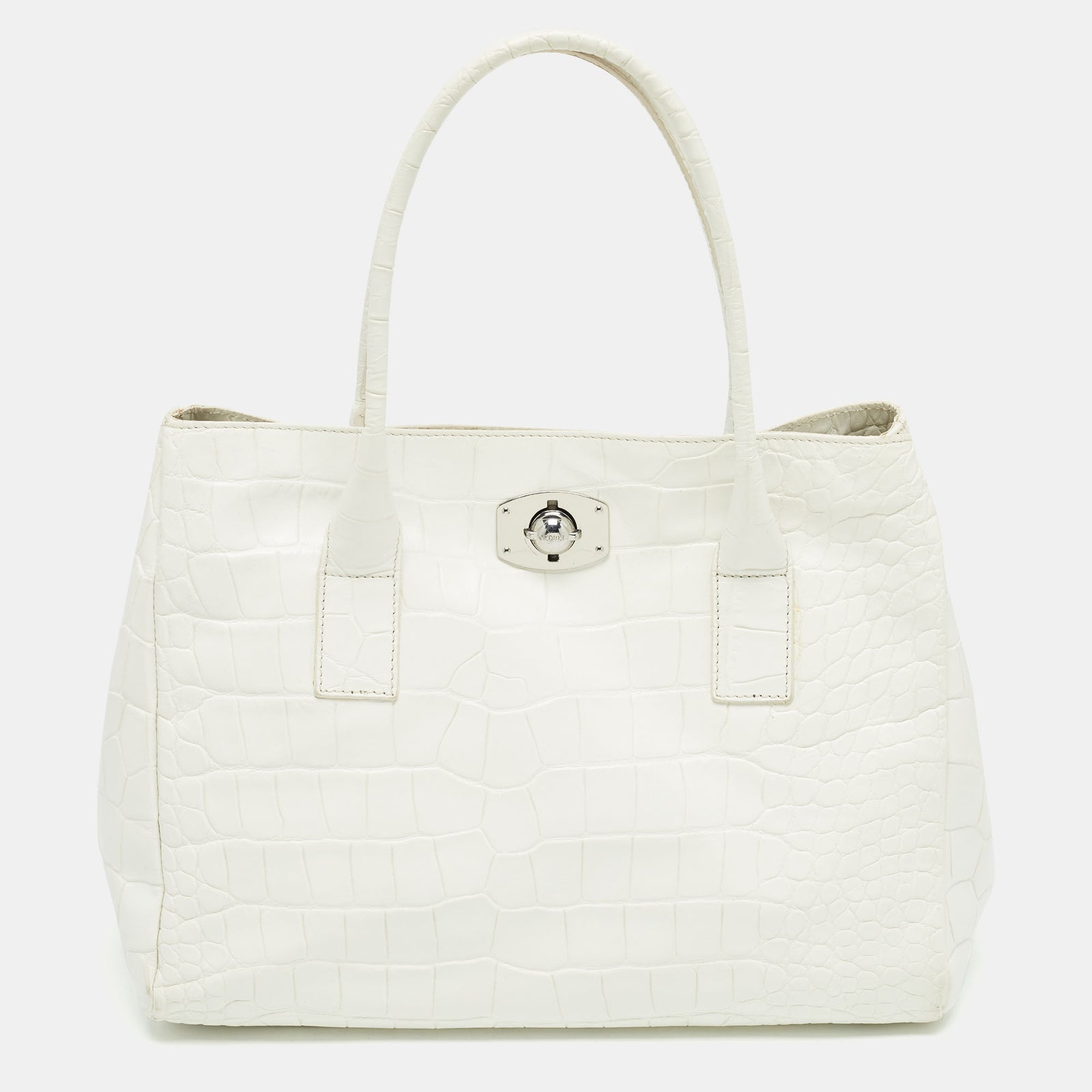 Furla White Croc Embossed Leather Turnlock Tote