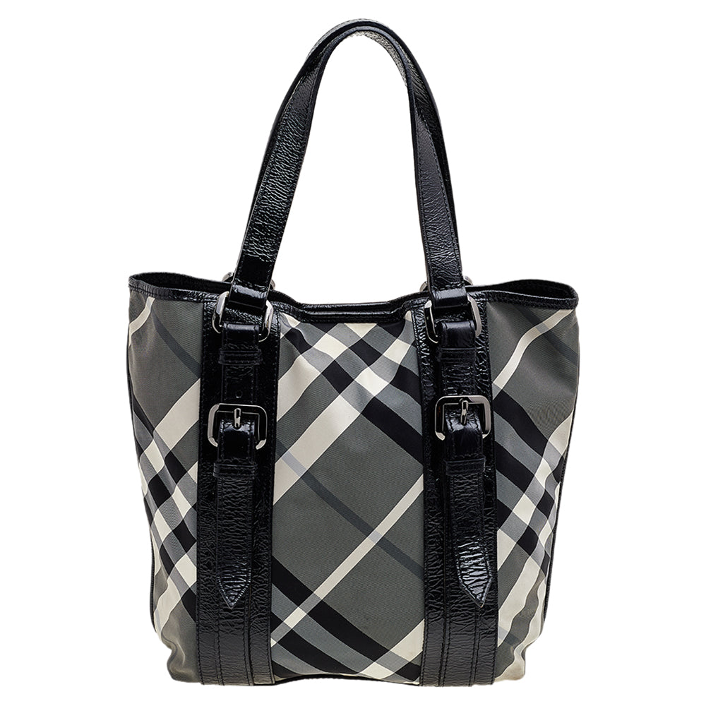 Burberry Black Beat Check Nylon And Patent Leather Lowry Tote