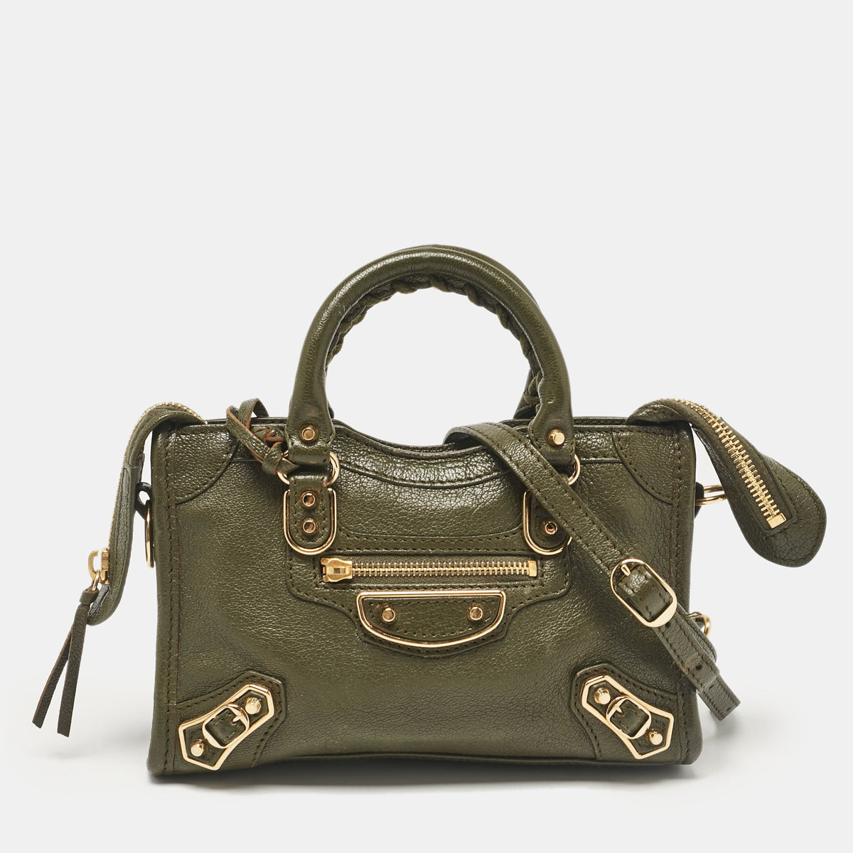 Balenciaga Olive Green Leather Nano City Metallic Edge Tote