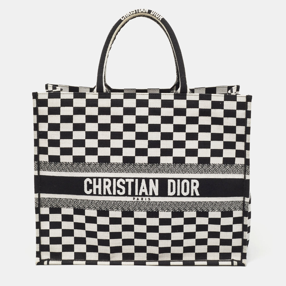 Dior Black/White Checkered Embroidered Canvas Large Book Tote