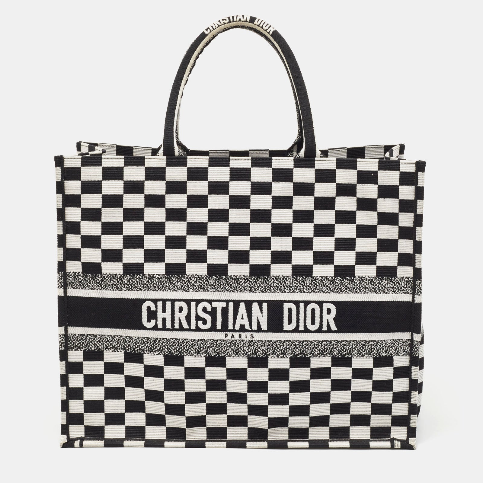 Dior Black/White Checkered Embroidered Canvas Large Book Tote