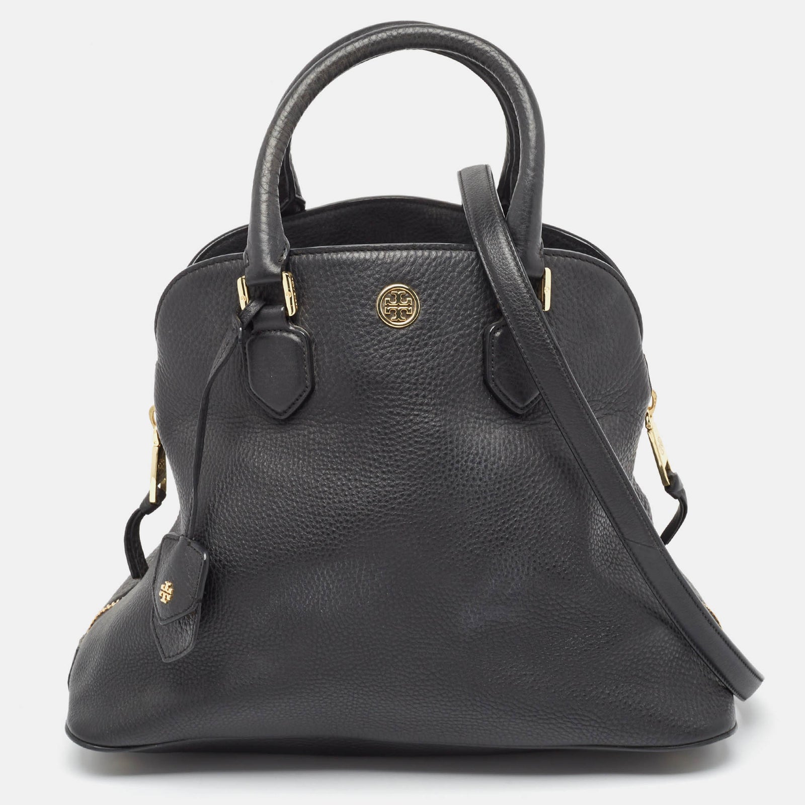 Tory Burch Schwarze Satchel-Tasche aus gekrispeltem Leder mit seitlichem Reißverschluss