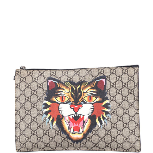 GUCCI Zipped Pouch Angry Cat GG Coated Canvas Large