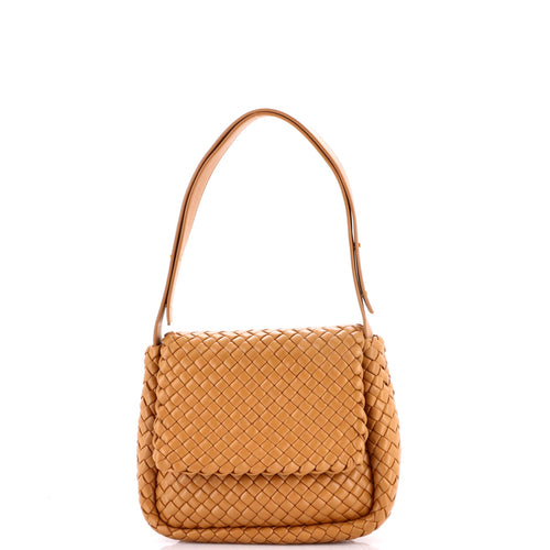 Cobble Flap Shoulder Bag Padded Intrecciato Leather Small
