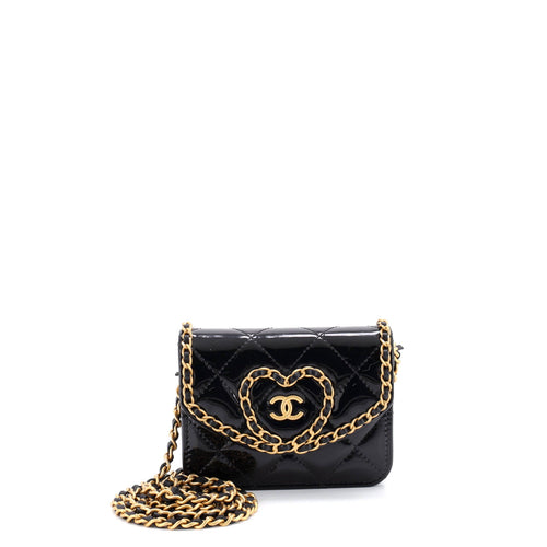 CHANEL Heart Chain Flap Bag Quilted Patent Mini
