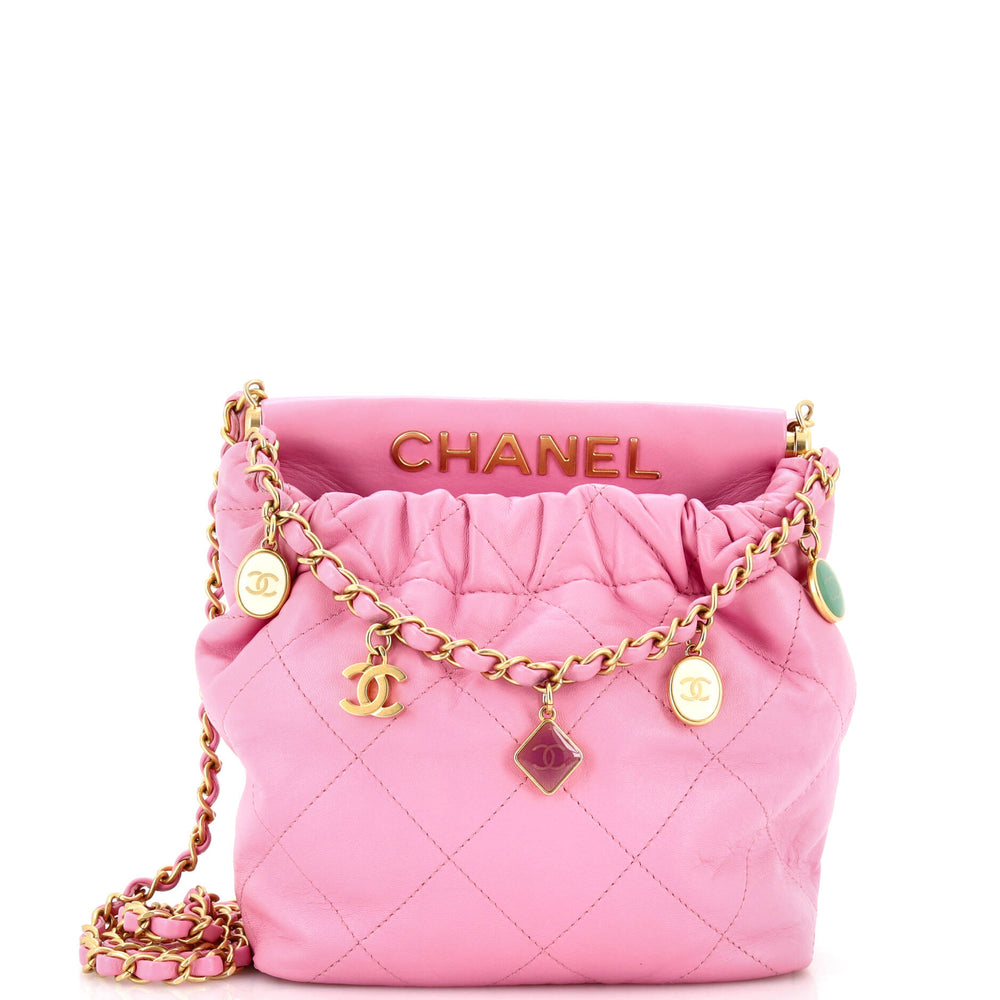 CHANEL Resin Charms Chain Bucket Bag Gestepptes Lammleder Klein