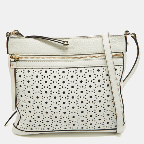 White Leather Lasercut Messenger Bag
