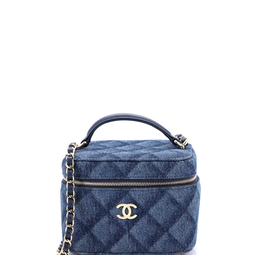 CHANEL Vanity Case with Chain 3D Quilt Printed Denim Small