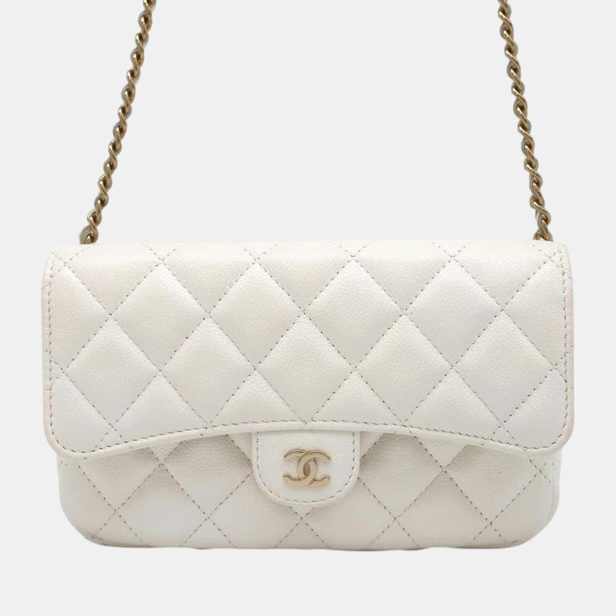 Chanel White Caviar Skin Chain Flap Phone Case Matelasse Coco Mark Bag