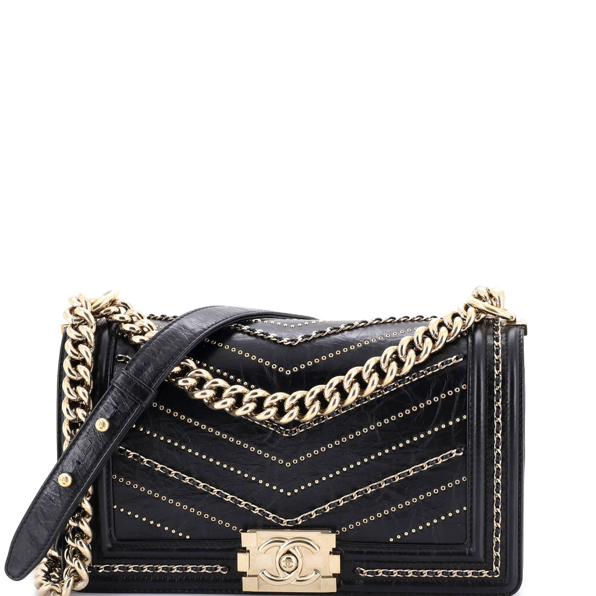Chanel CHANEL Boy Flap Bag Chevron Embellished Crumpled Calfskin Old Medium