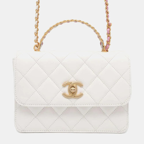 White Quilted Calfskin Top Handle Flap Bag