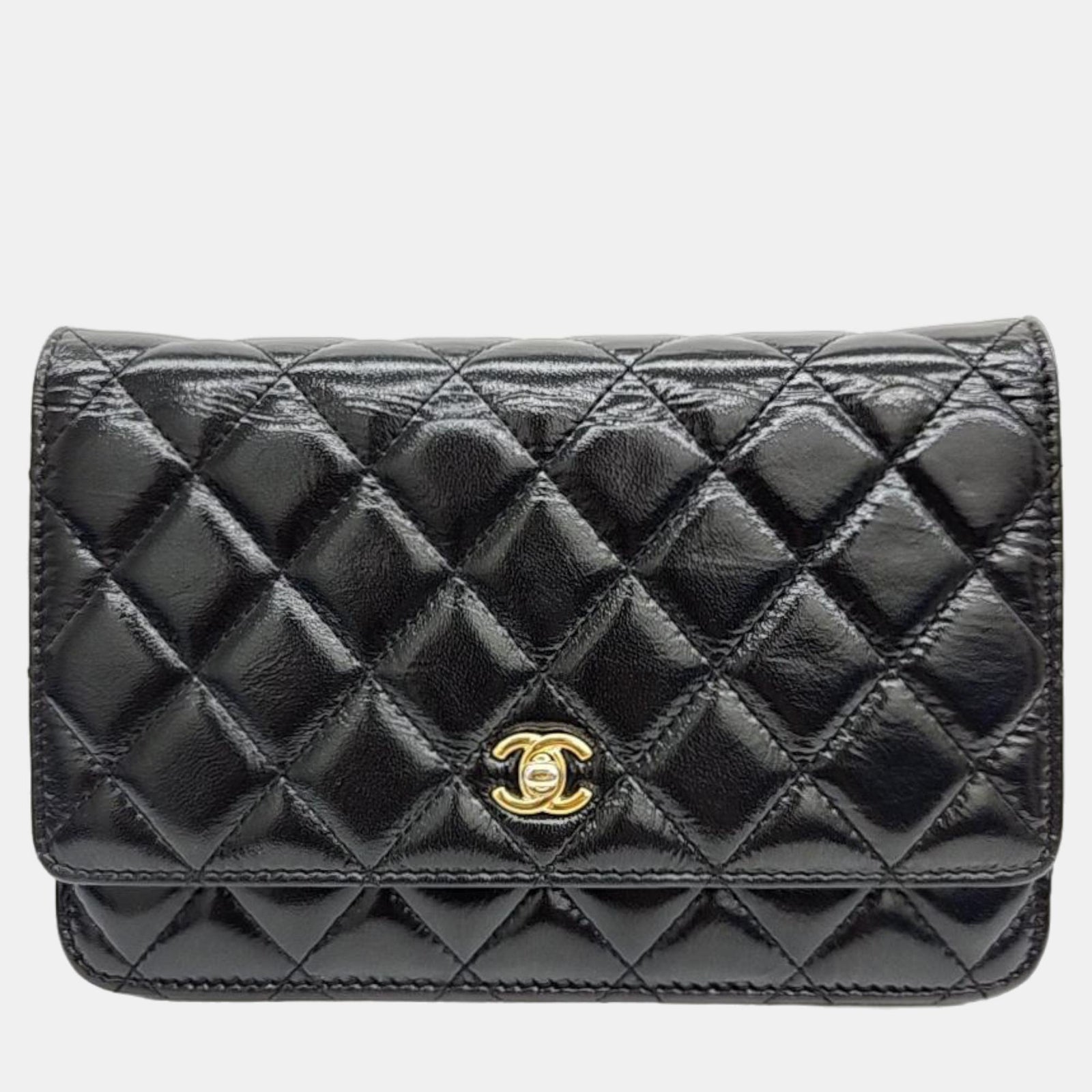 Chanel Black Patent Leather Pearl Crush Wallet On Chain