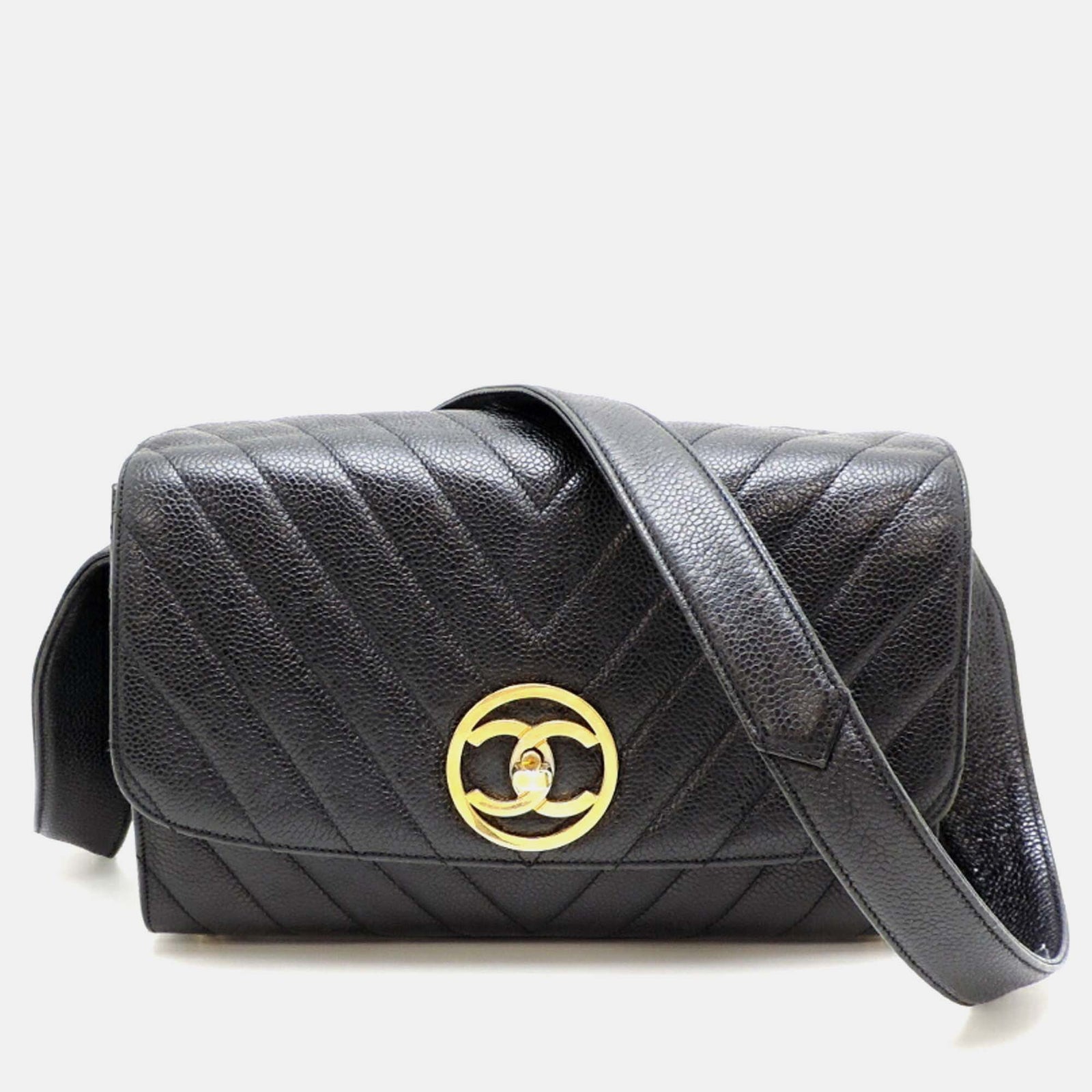 Chanel Schwarze Tasche aus Kaviarhaut mit V-Stich