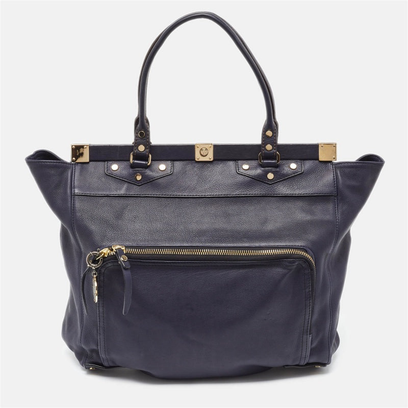 Navy Blue Leather Magnetic Frame Tote