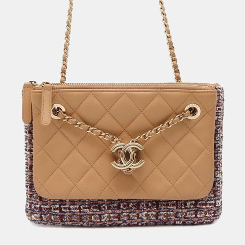 Beige/Multicolor Leather Tweed Chain Shoulder Pouch Bag