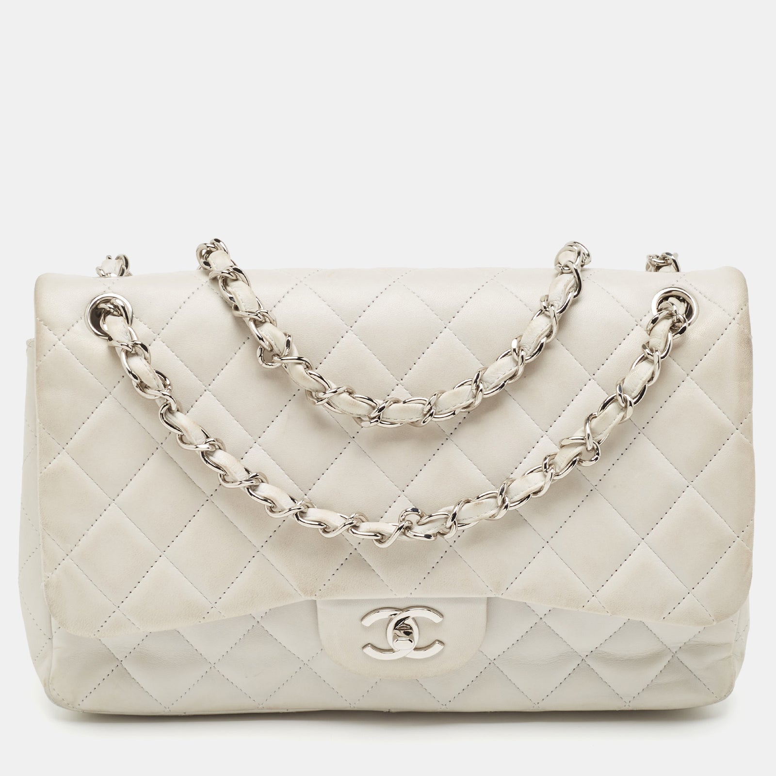 Chanel Light Grey Quilted Leather Jumbo Classic Double Flap Bag