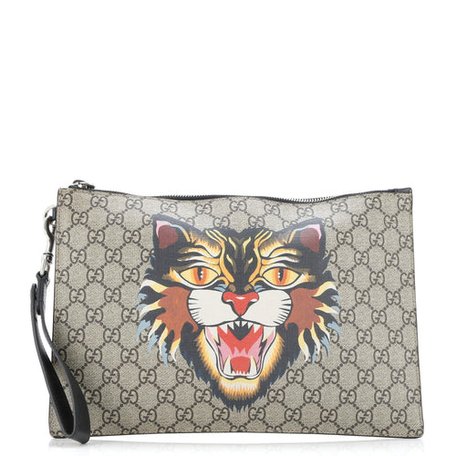 GUCCI Zipped Pouch Angry Cat GG Coated Canvas Large