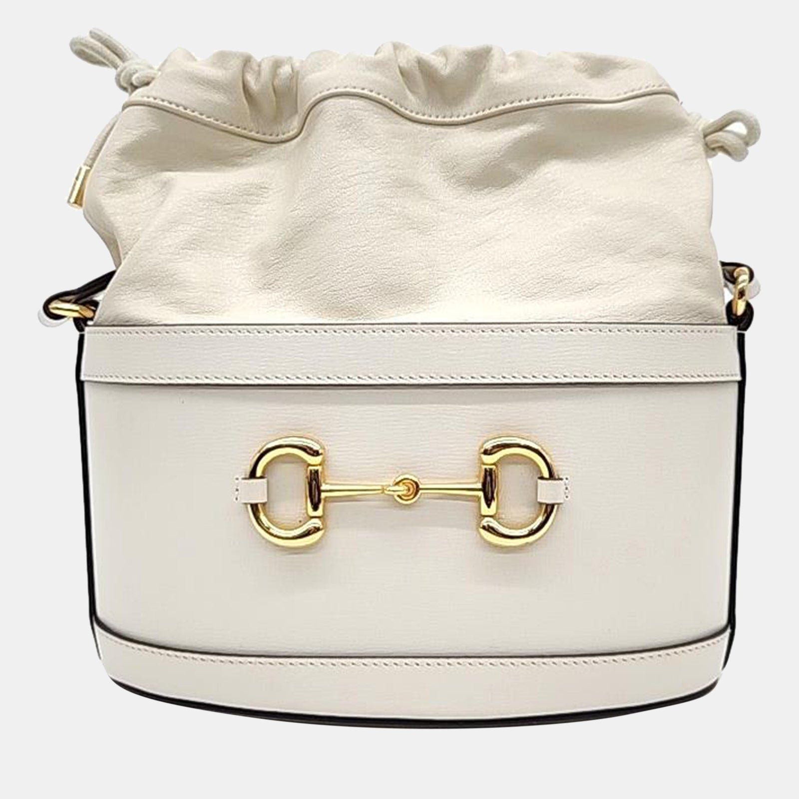 Gucci White Leather 1955 Horsebit Drawstring Bucket Bag