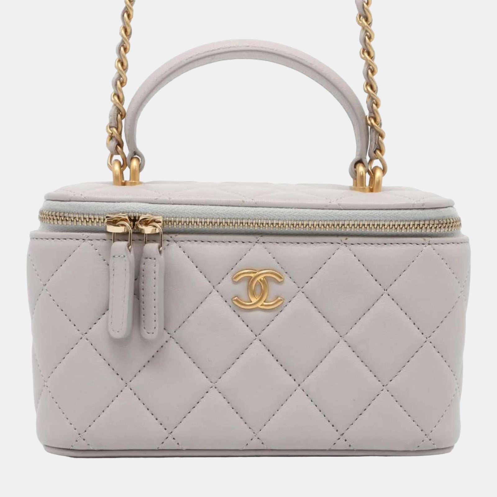 Chanel Grey Quilted Lambskin Classic Top Handle Vanity Case with Chain