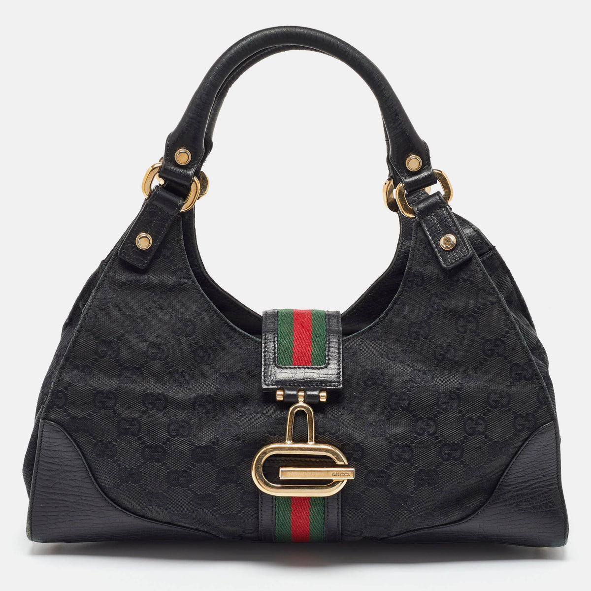 Gucci Black GG Canvas and Leather Junco Shoulder Bag