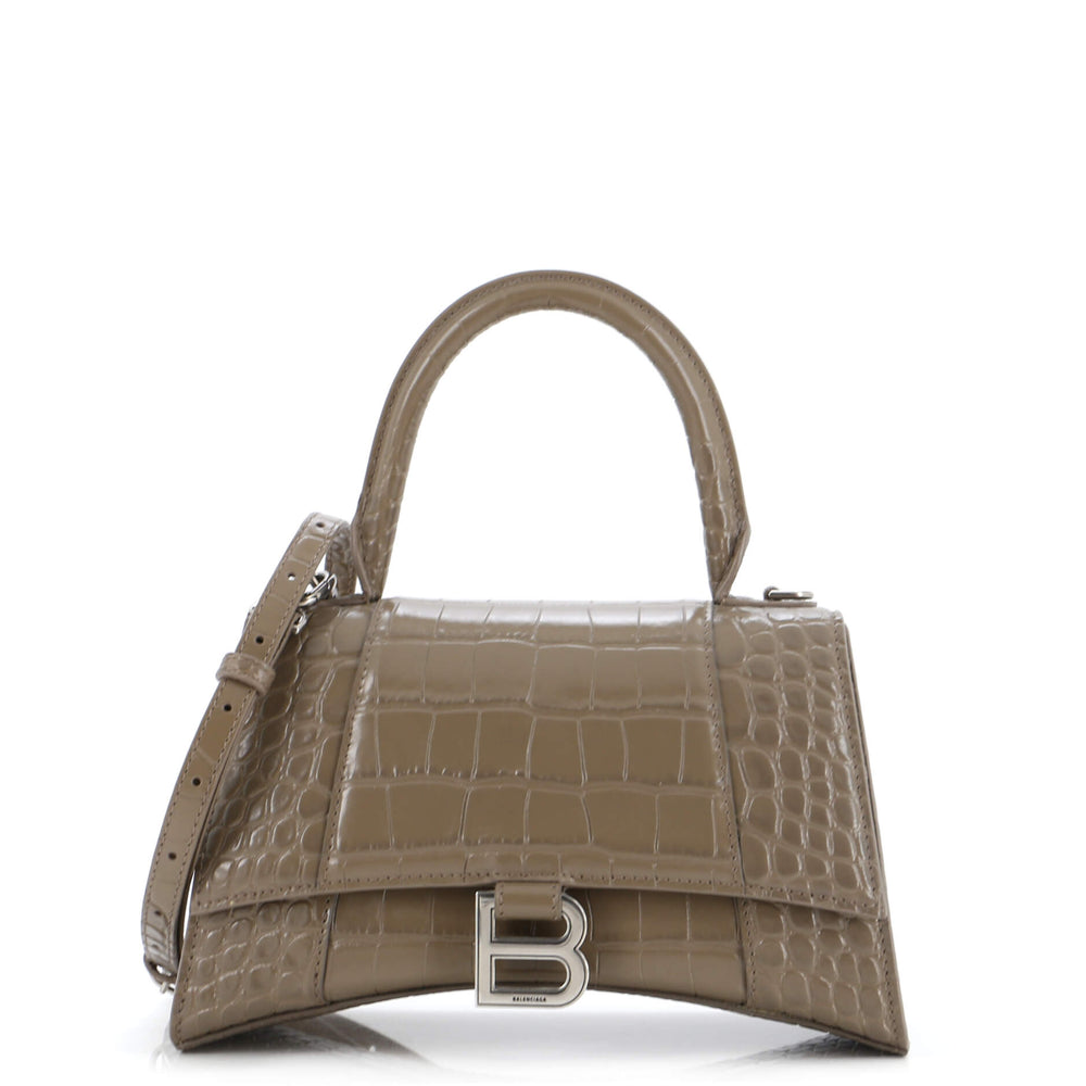 Hourglass Top Handle Bag Crocodile Embossed Leather Small