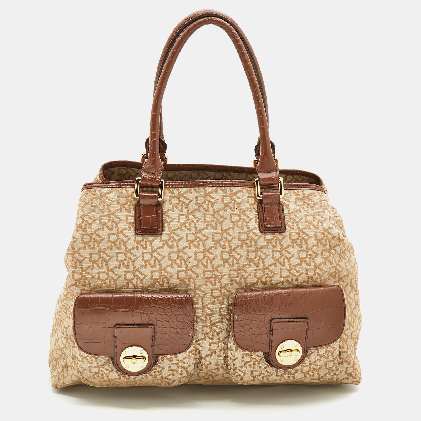 DKNY Sac à main DKNY en toile monogrammée beige/marron et cuir embossé crocodile avec fermoir pivotant