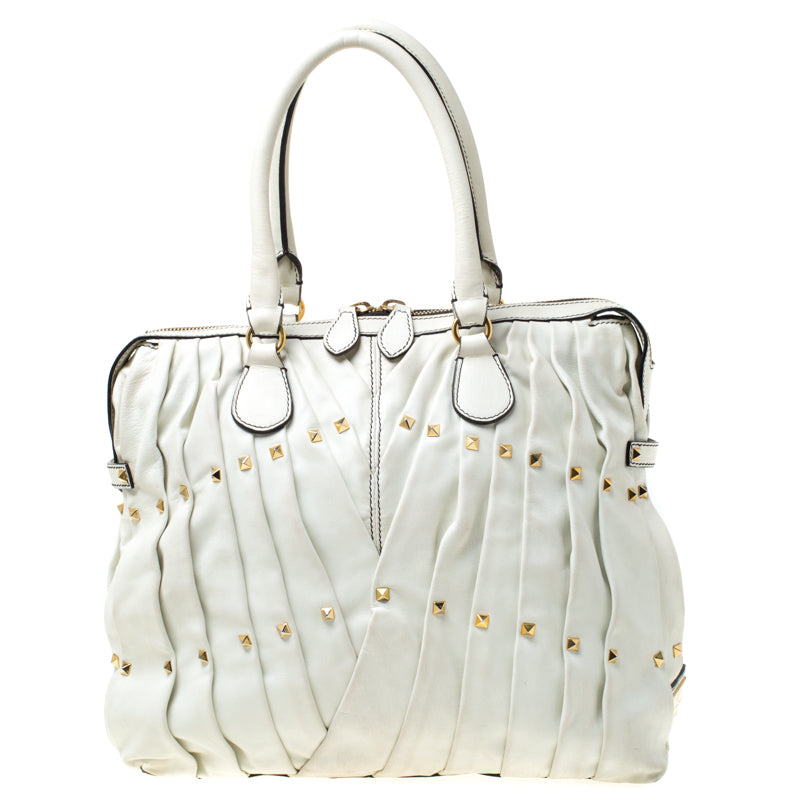 Valentino Off White Leather Maison Pintucked Shopper Tote