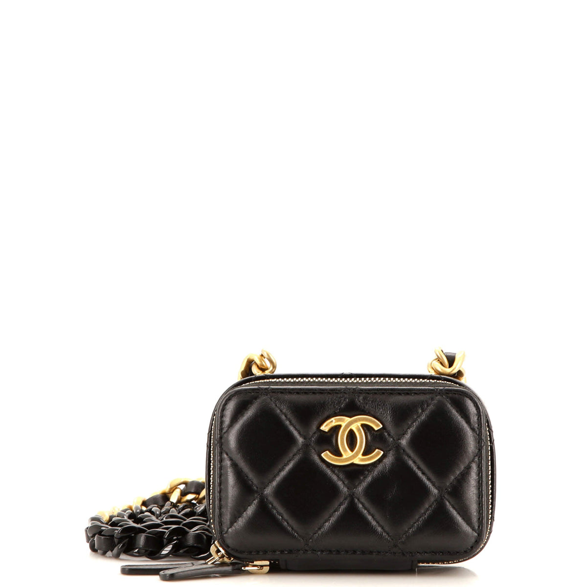 Chanel CHANEL Lacquered Metal CC Zip Around Card Holder on Chain Quilted Lambskin
