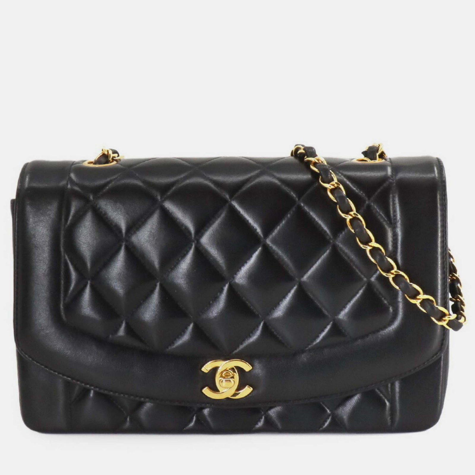 Chanel Schwarze Diana Matelasse 25-Umhängetasche aus Leder mit Kette