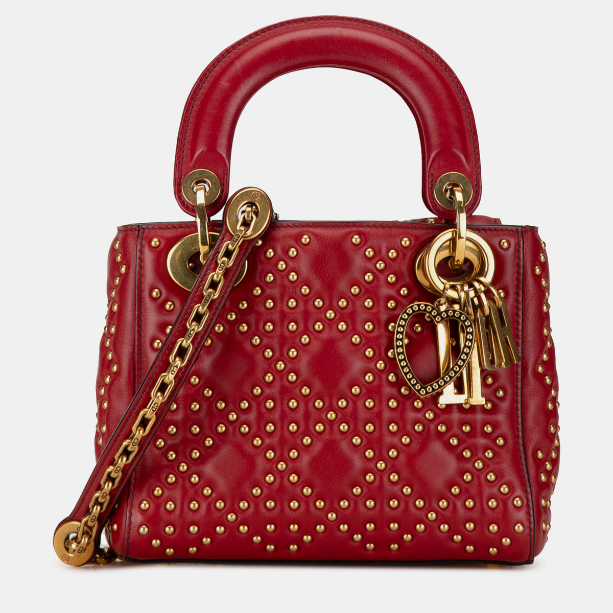 Dior Red Lambskin Leather Mini Studded Lady Tote Bag
