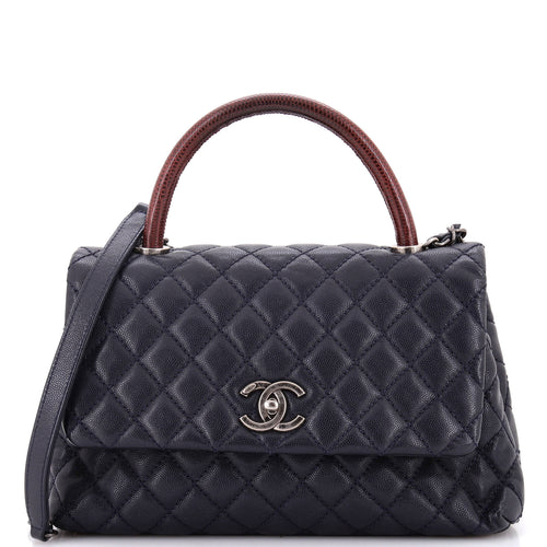 CHANEL Coco Top Handle Bag Quilted Caviar with Lizard Small