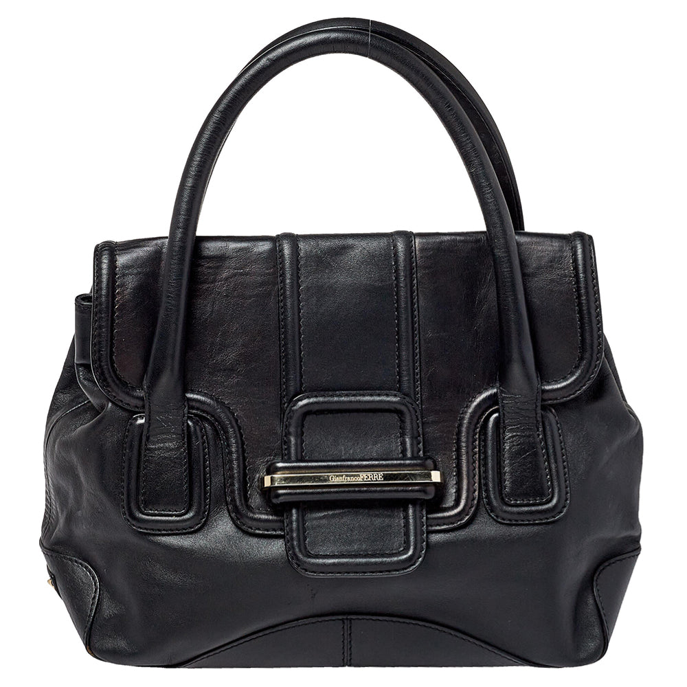 Gianfranco Ferre Black Leather Flap Satchel