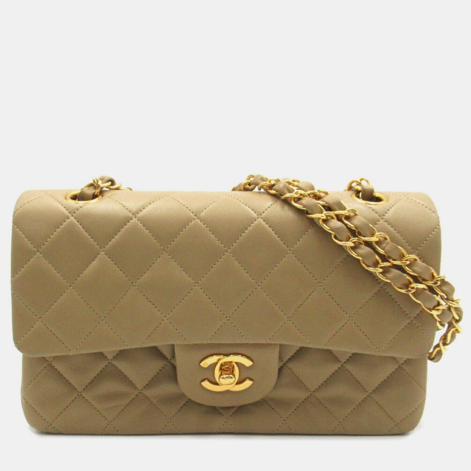 Chanel Petit sac à bandoulière classique à double rabat en cuir d'agneau beige