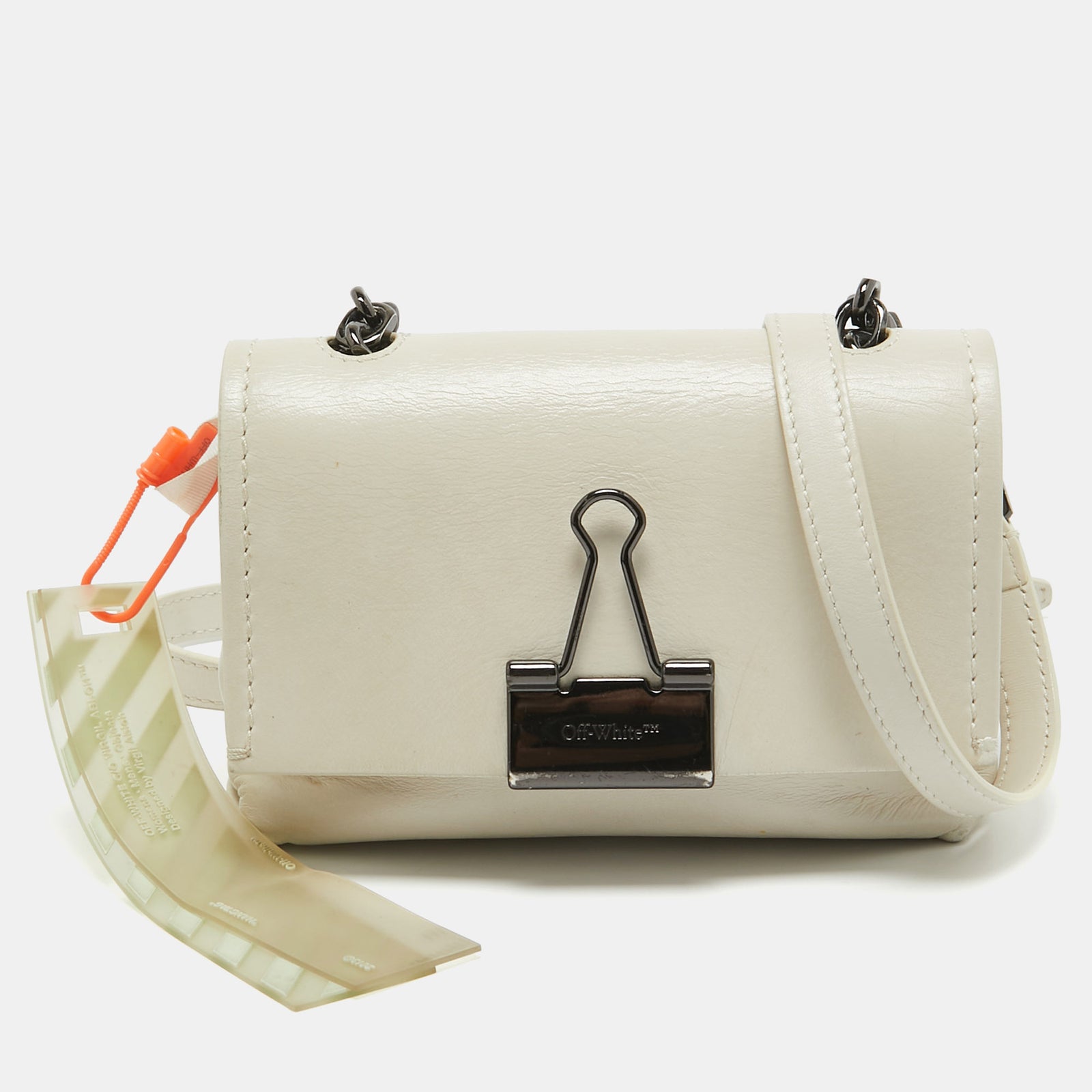 Off-White Umhängetasche aus gebrochenem Weißleder mit Mini-Binderclip