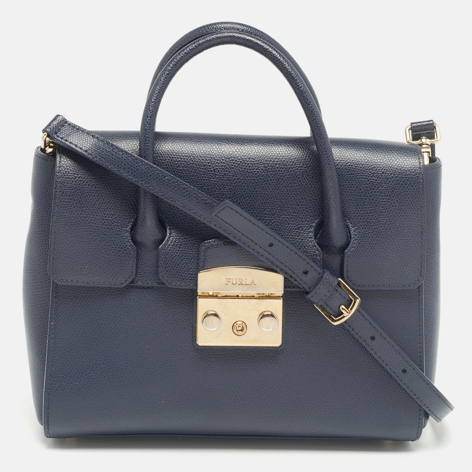 Furla Navy Blue Leather Small Metropolis Tote