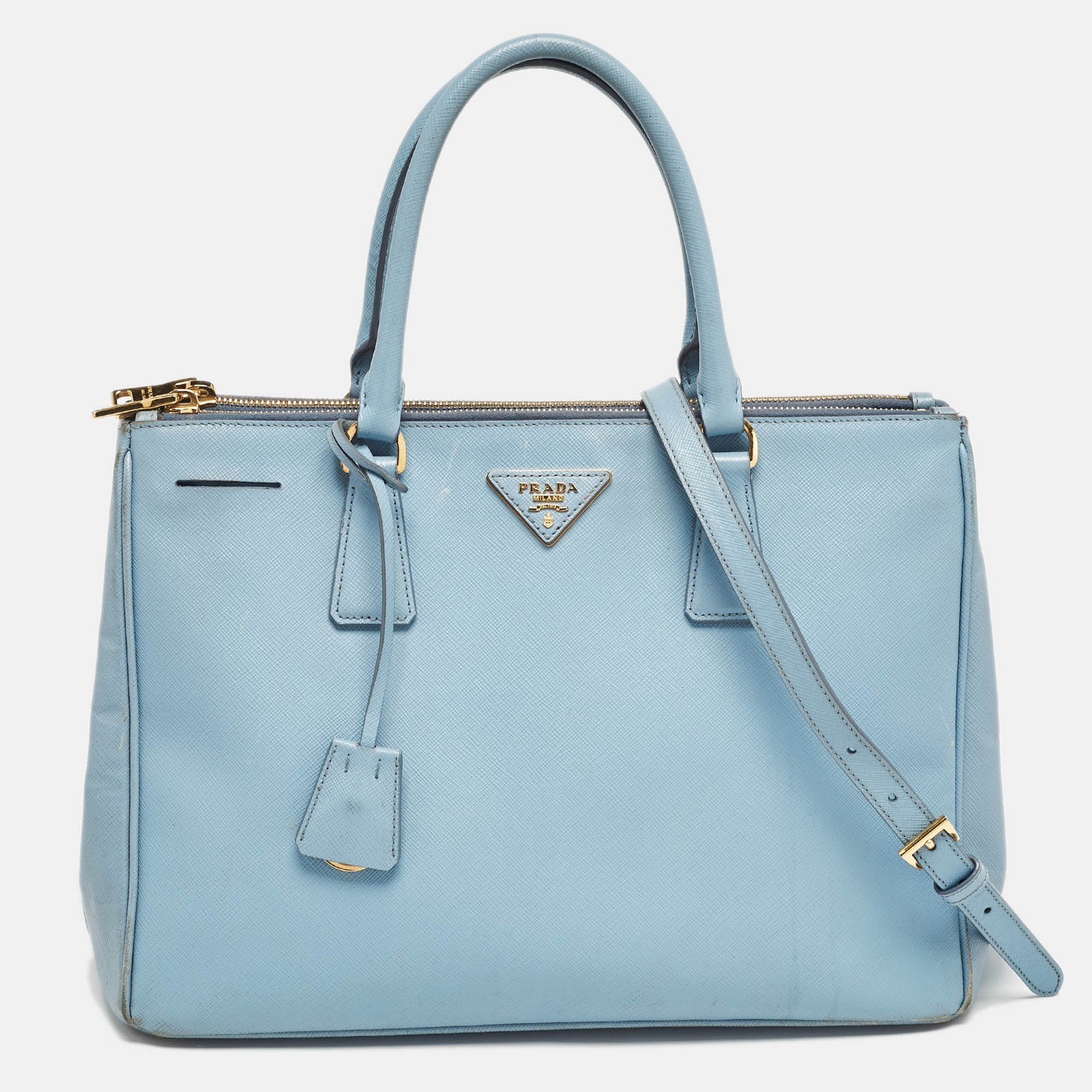 Prada Light Blue Saffiano Lux Leather Large Double Zip Tote