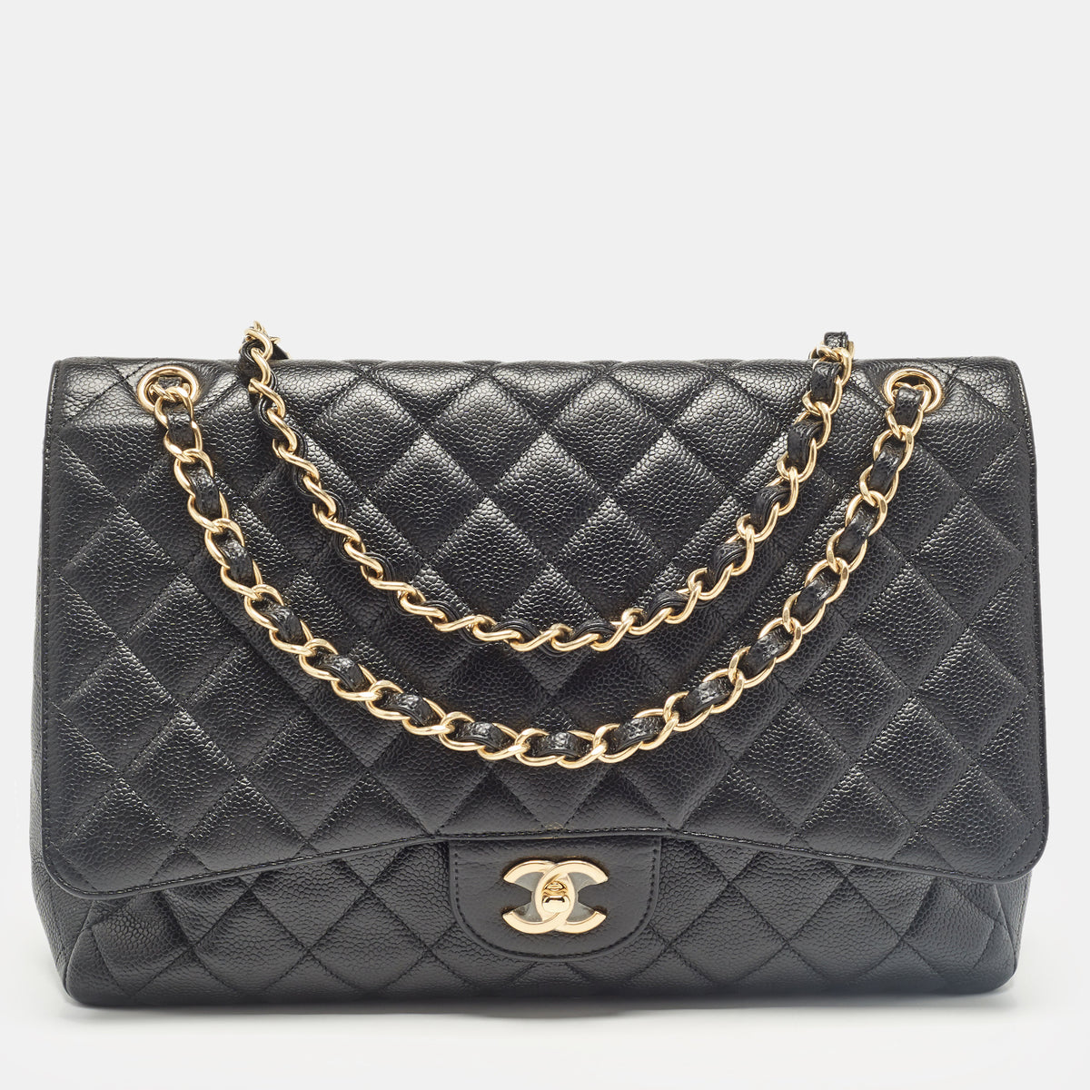 Chanel Black Quilted Caviar Leather Maxi Classic Single Flap Bag