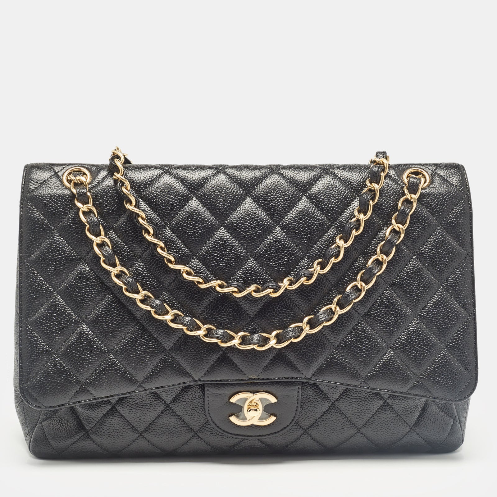 Chanel Sac à rabat classique maxi en cuir caviar matelassé noir