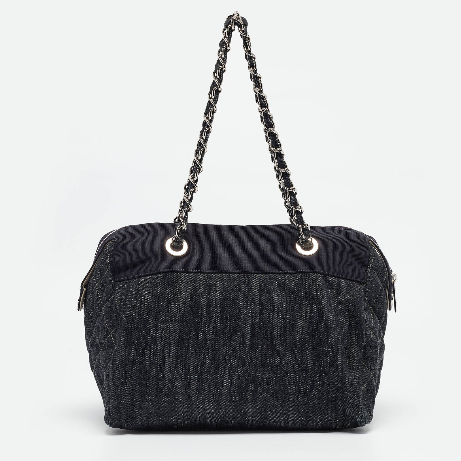 Chanel Dark Blue Quilted Denim Bowler Bag