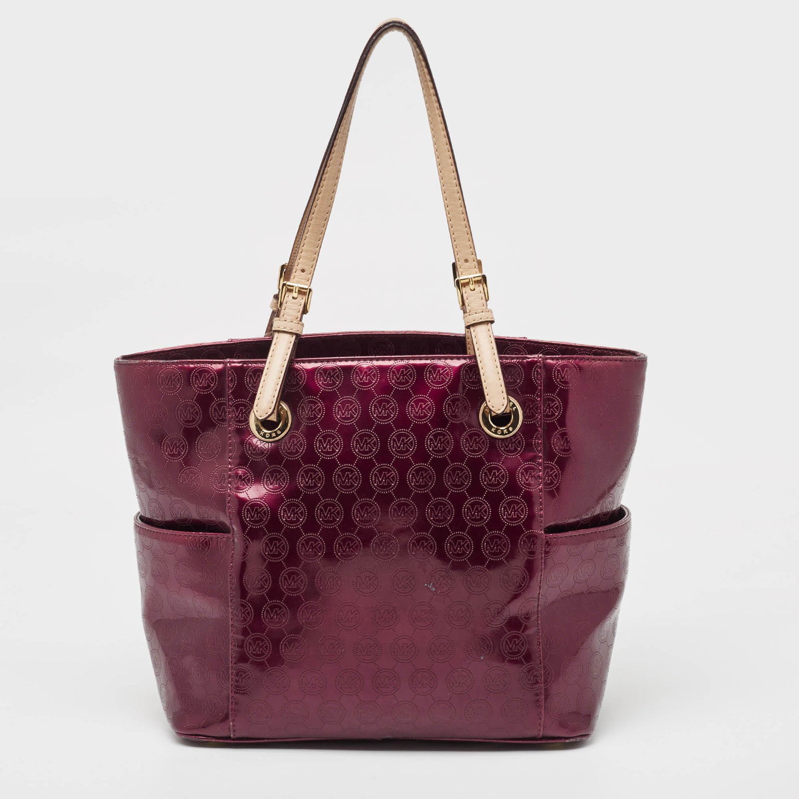 Michael Kors Burgundy Signature Patent and Leather Middle Zip Tote