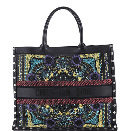 Book Tote Embroidered Studded Leather Large