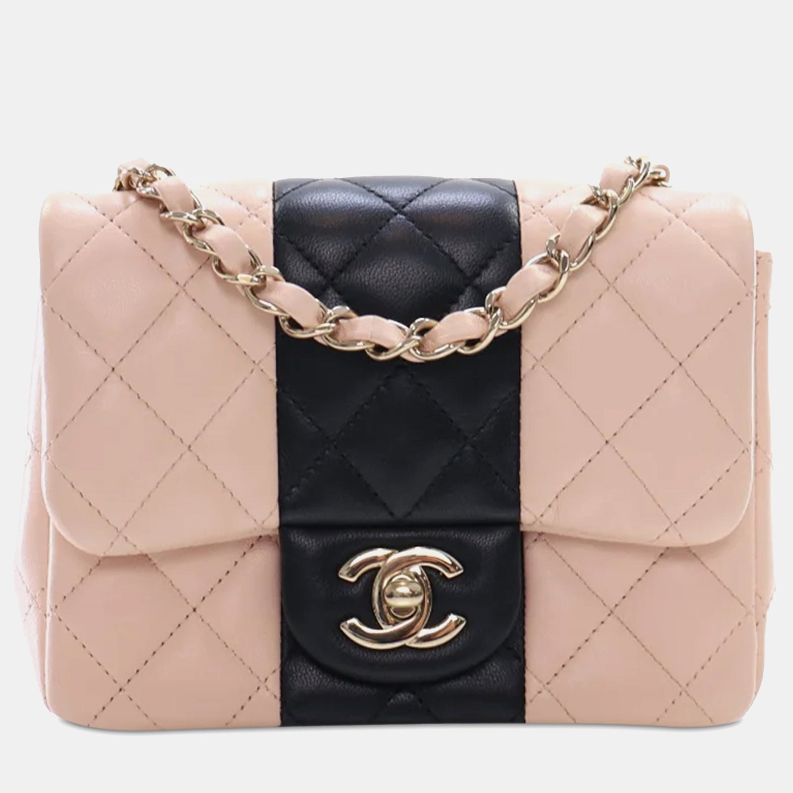 Chanel Mini sac carré à rabat simple en cuir d'agneau bicolore classique