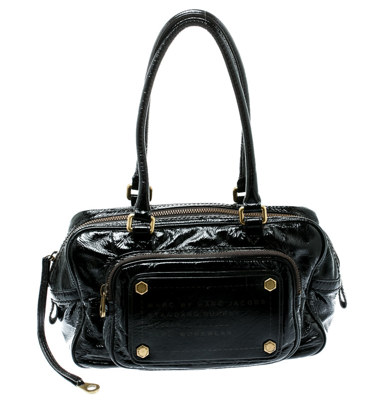 Marc By Marc Jacobs Black Laminated Leather Zip Pockets Satchel