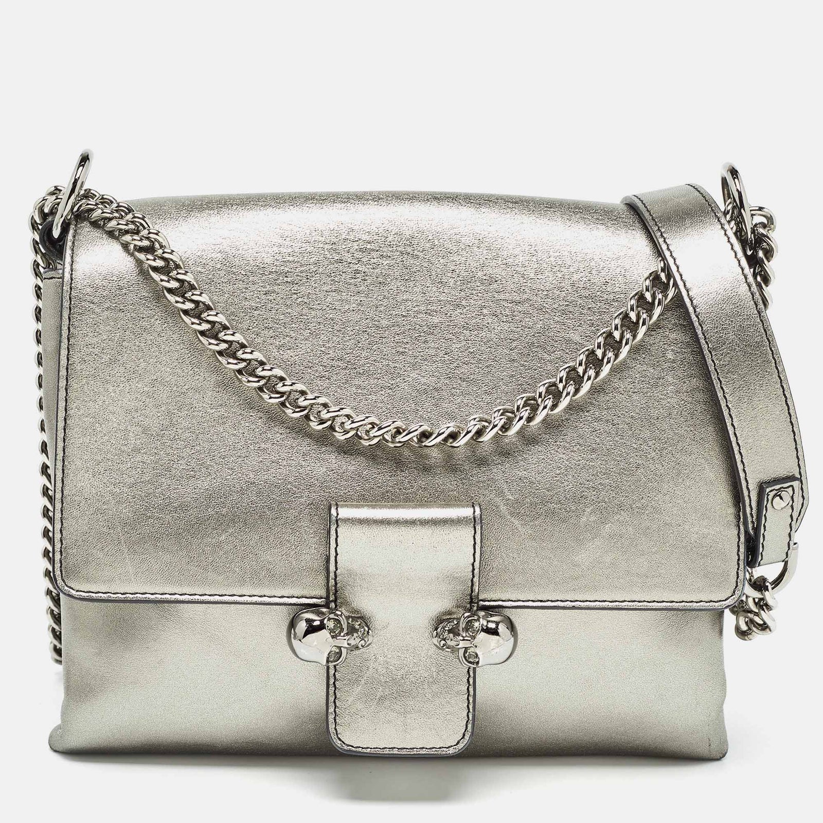 Alexander Mcqueen Metallic Leather Twin Skull Shoulder Bag