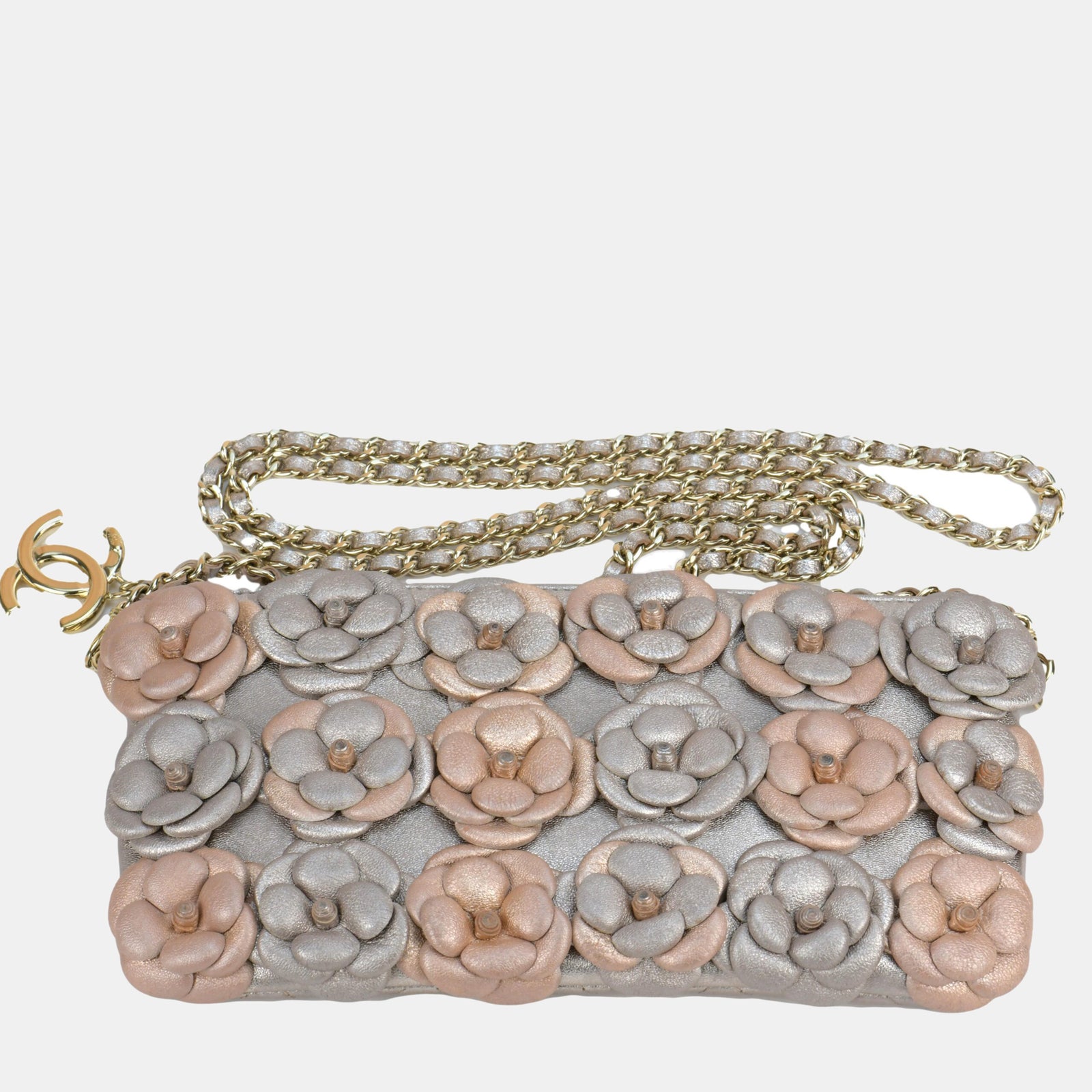 Chanel Limited Edition Camellia Embellished Lambskin Clutch with Chain