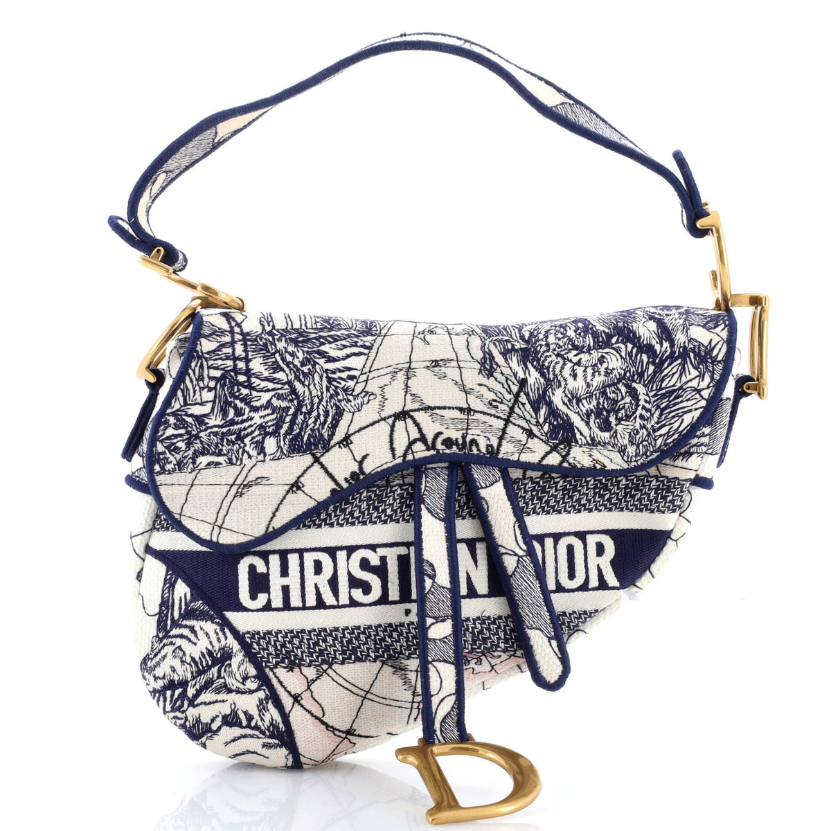 Christian Dior Saddle Bag Logo Embroidered Canvas Medium
