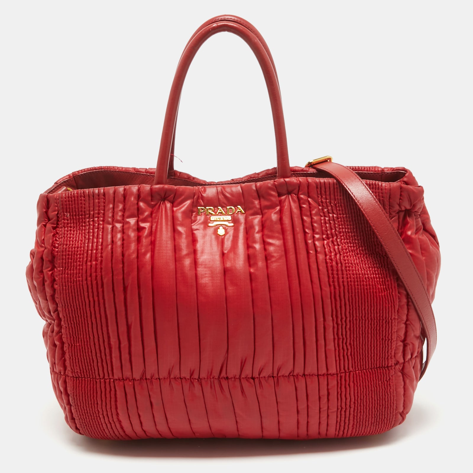 Prada Red Gaufre Nylon and Leather Snap Tote