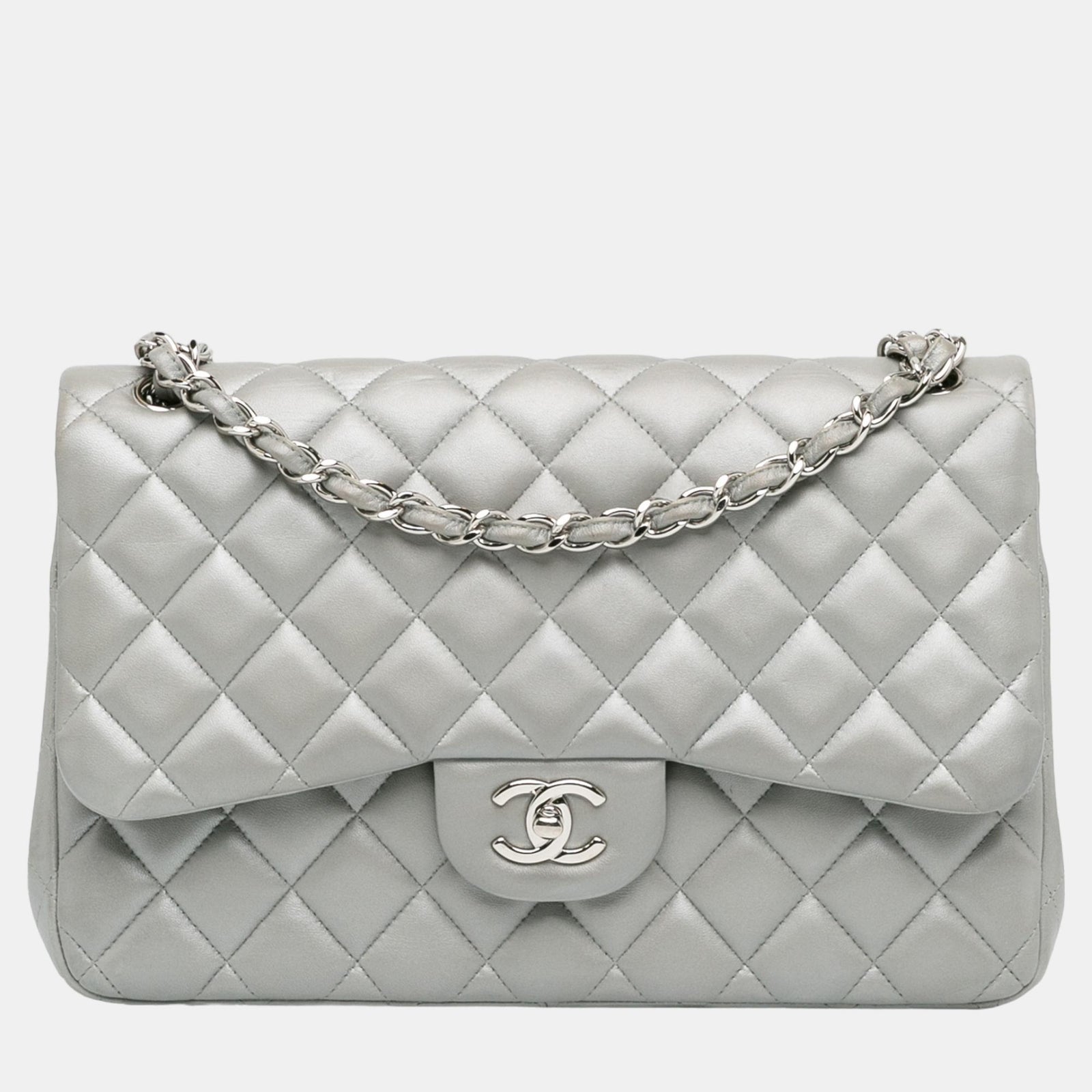 Chanel Silver Jumbo Classic Lambskin Double Flap