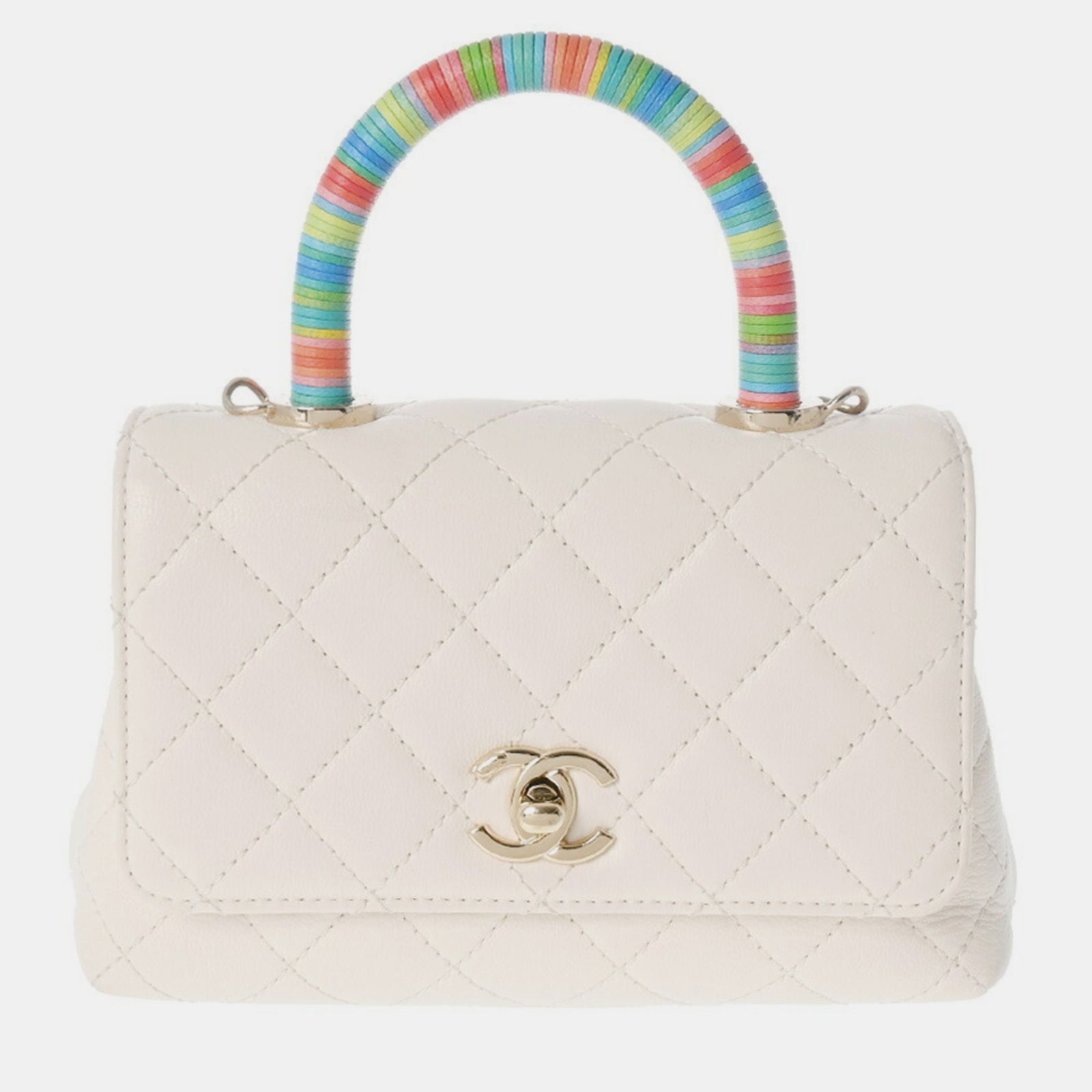 Chanel White Quilted Lambskin Mini Rainbow Coco Top Handle Bag