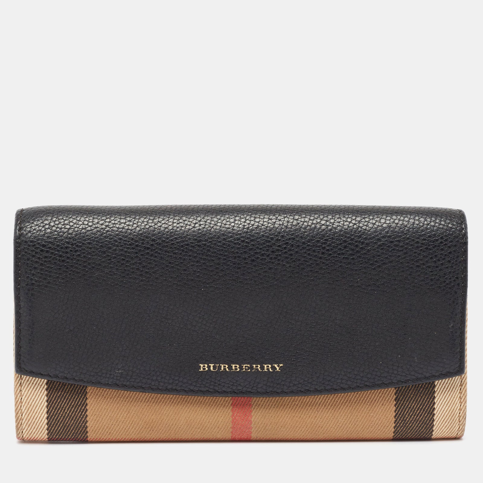 Burberry Black/Beige House Check Canvas and Leather Flap Continental Wallet